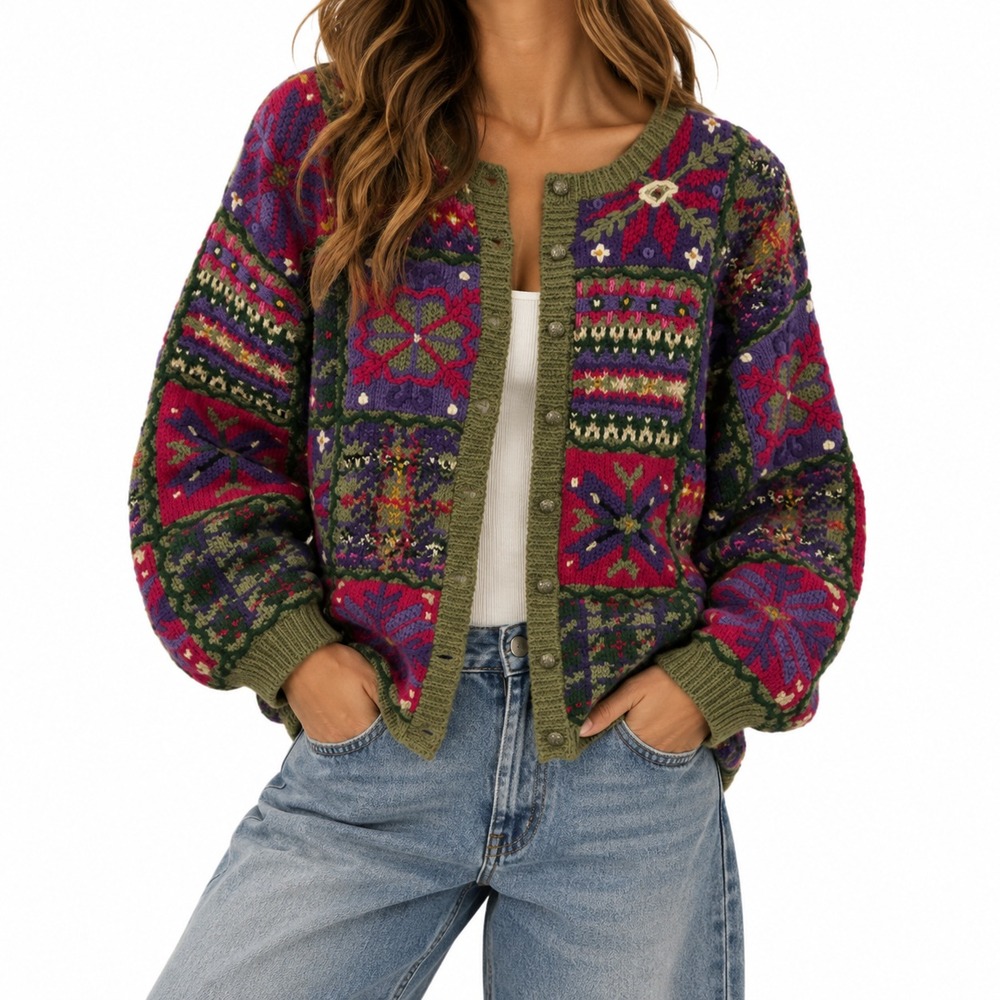 Vtg Northern Isles Hand Knit Cardigan Sweater Womens PM Artisan Boho Festival